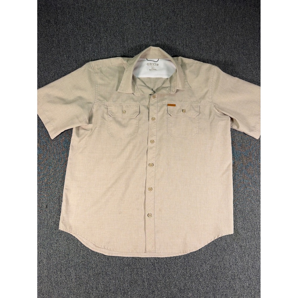 Orvis Mens XL Short Sleeve Button Down Shirt Khaki Tan Mesh Lined Hiking Outdoor